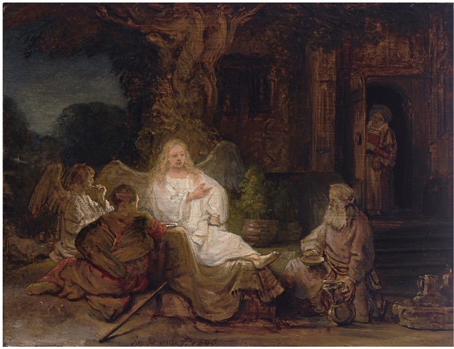 Abraham serving the three angels at Mamre, with Sarah in the tent doorway behind him