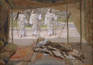 Abraham bowing before three angelic visitors at the entrance of his tent