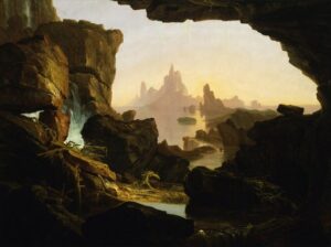 Painting of the floodwaters receding through a rocky cave opening, with the Ark in the distance
