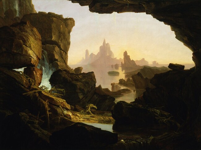Painting of the floodwaters receding through a rocky cave opening, with the Ark in the distance