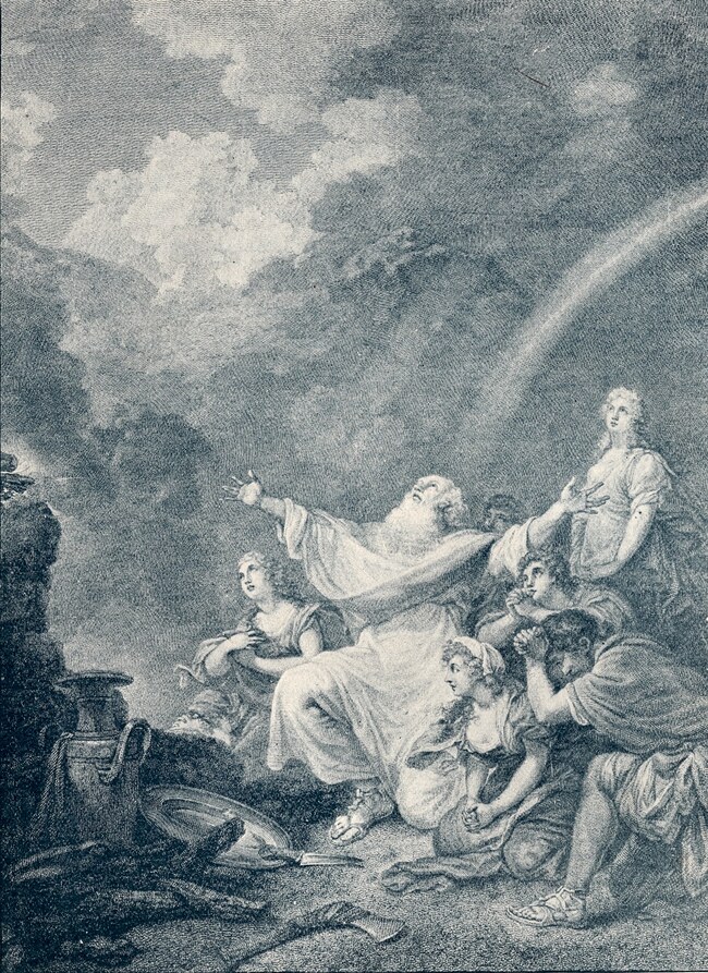 Noah and his family give thanks beneath the rainbow after leaving the ark