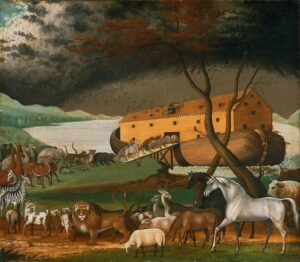 Painting of animals entering Noah's Ark two by two before the Flood