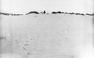 A lone man in a hat walking across wind-swept desert sand, his footprints trailing behind him