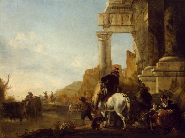 A traveler on horseback fording a river beside classical ruins